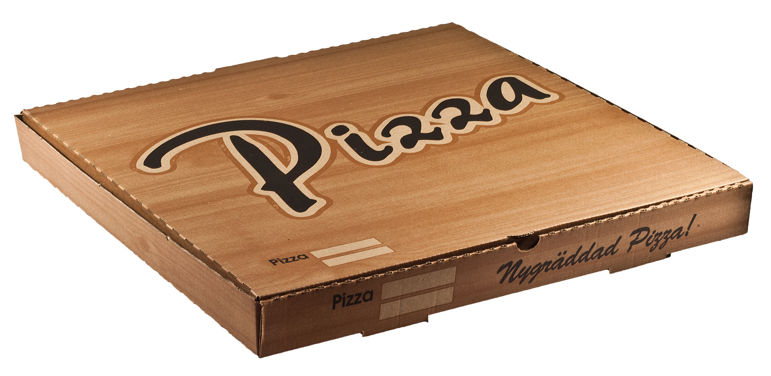 Pizzakartong  Wellpapp 30x30x3,5cm Brun med
tryckt text