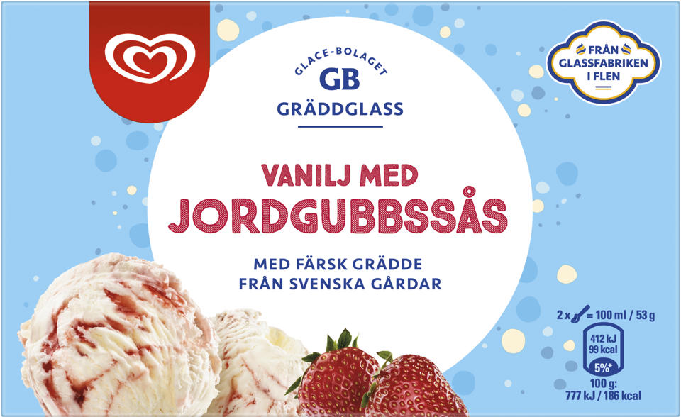 Vaniljglass med jordgubbssås