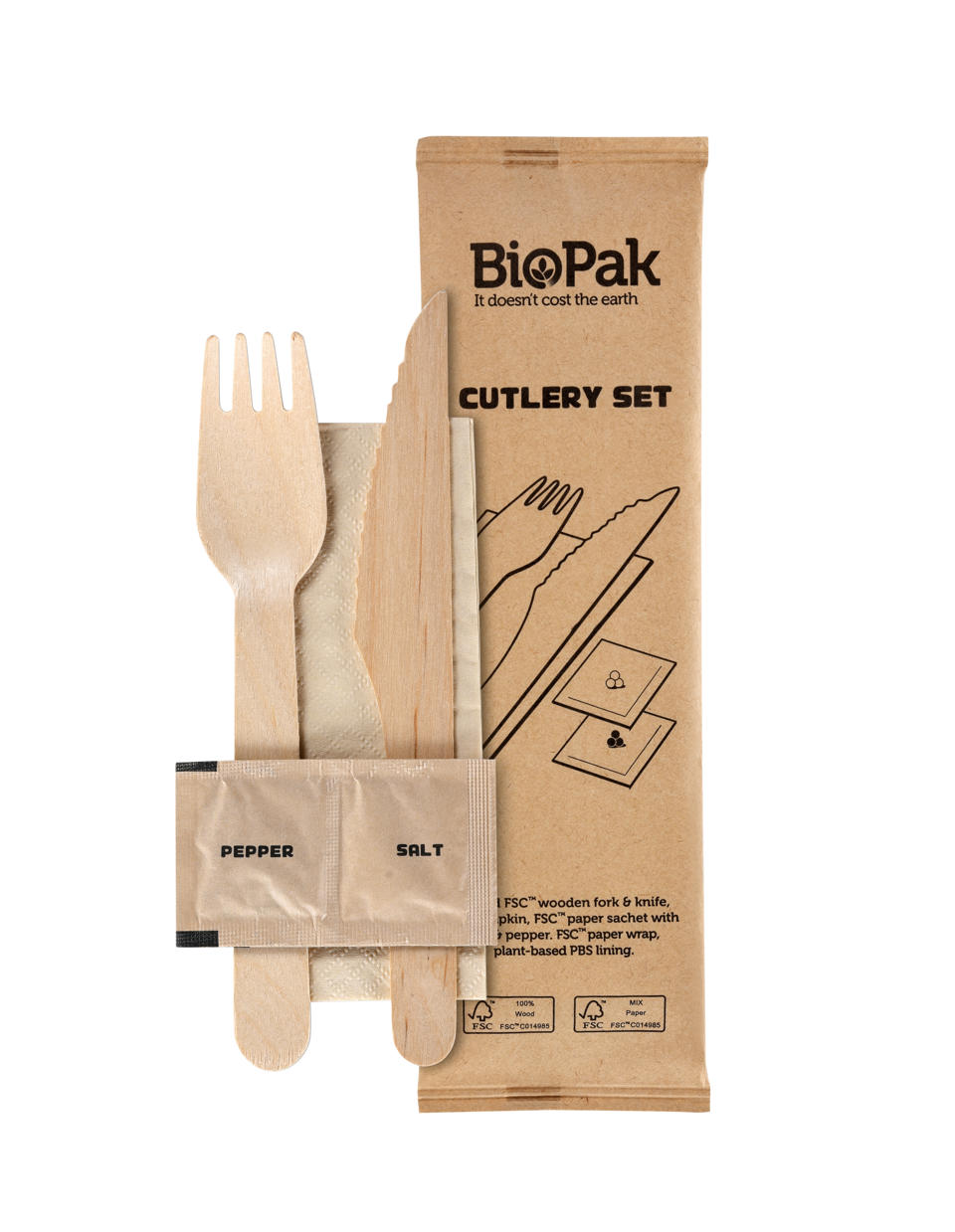 Bestickset trä vaxad kniv 160mm gaffel 165mm
+salt peppar servett