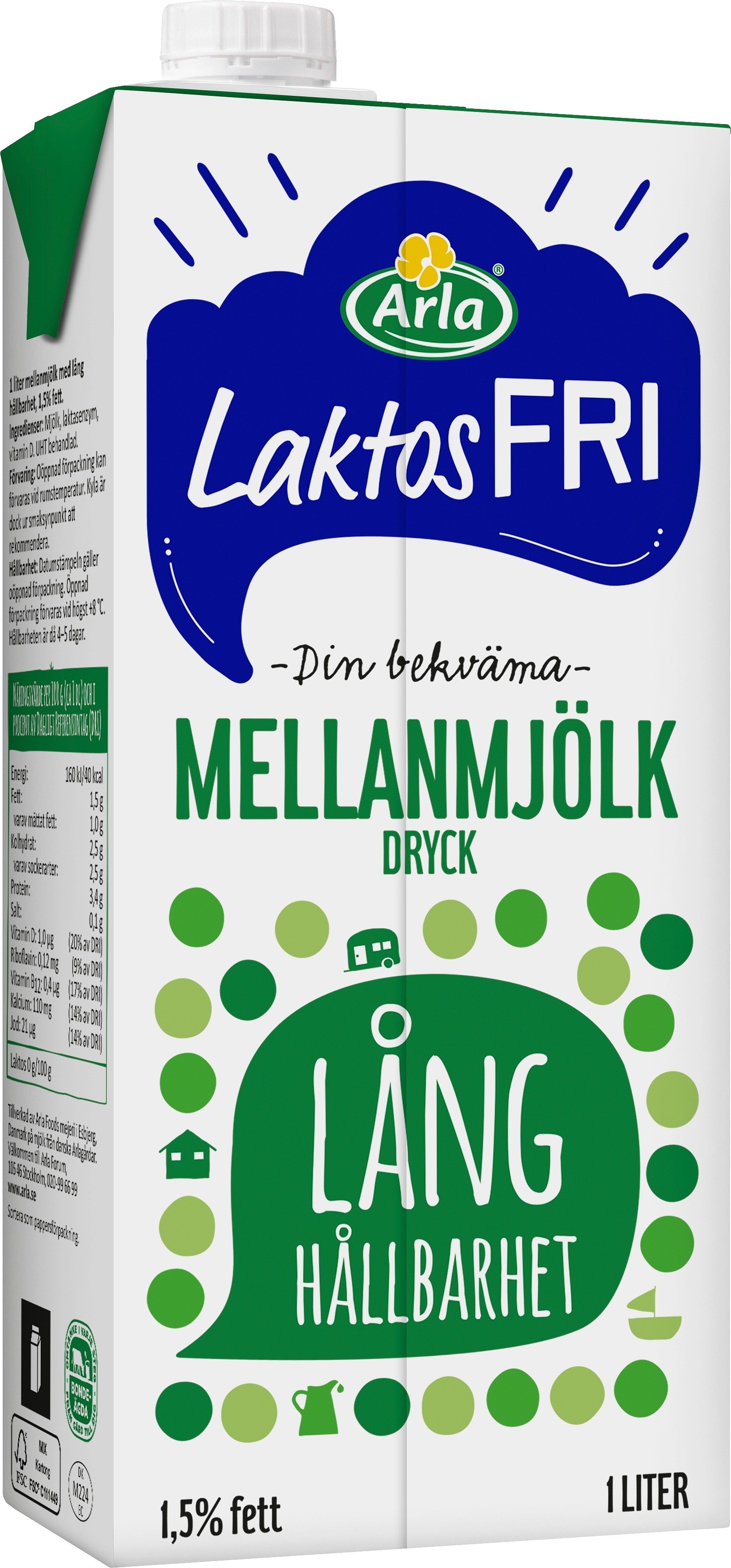Mellanmjölkdryck 1,5% Laktosfr Lång Hållbarhet