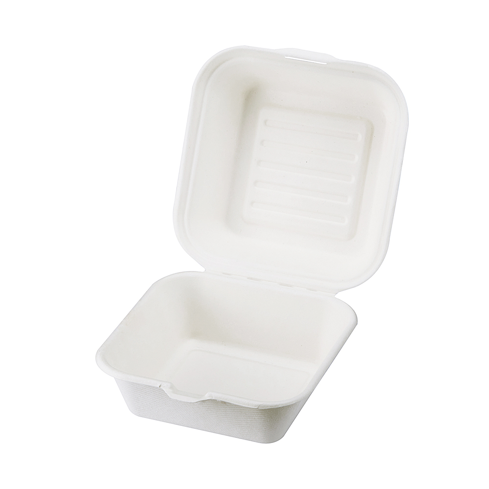 Hamburgerbox med vidhängande lock Bagasse Vit
152x150x42/82mm