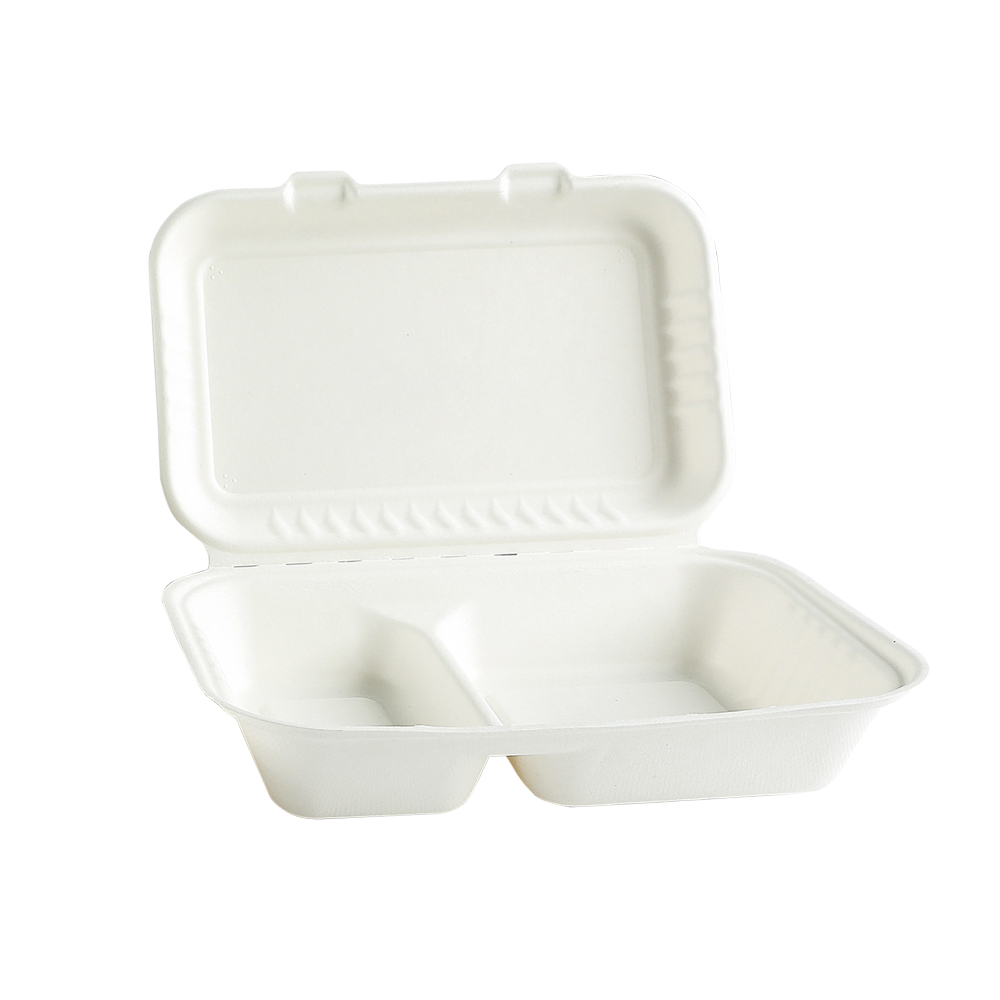 Box  med vidhängande lock 2-fack Bagasse Vit
249x163x46/66mm
