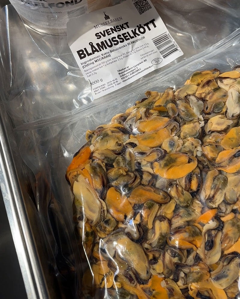 Svensk blåmusselfond och svenskt fryst blåmusselkött från Musselfabriken.