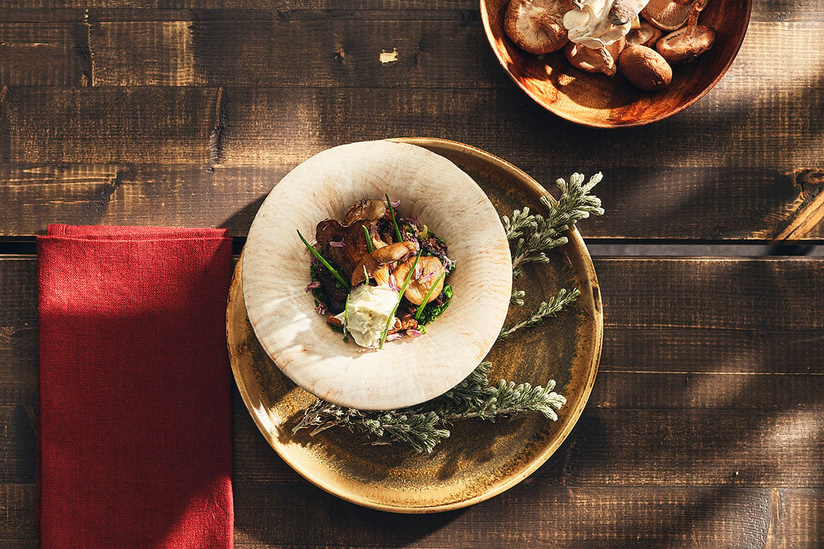 Rökt svamp, svarta linser och spetskål. Recept av Florencia Abella.