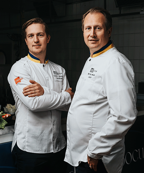 Bocuse d´Or 2025. Tävlande Gustav Leonhardt tillsammans med coach Peter Asp Jelksäter. 